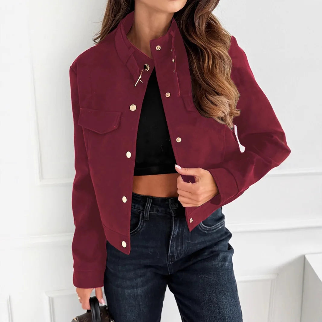 Solid Color Suede Short Jacket Women Stand Collar Metal Snap Design Autumn Wintercasual Y2K Long Sleeve Outerwear Top