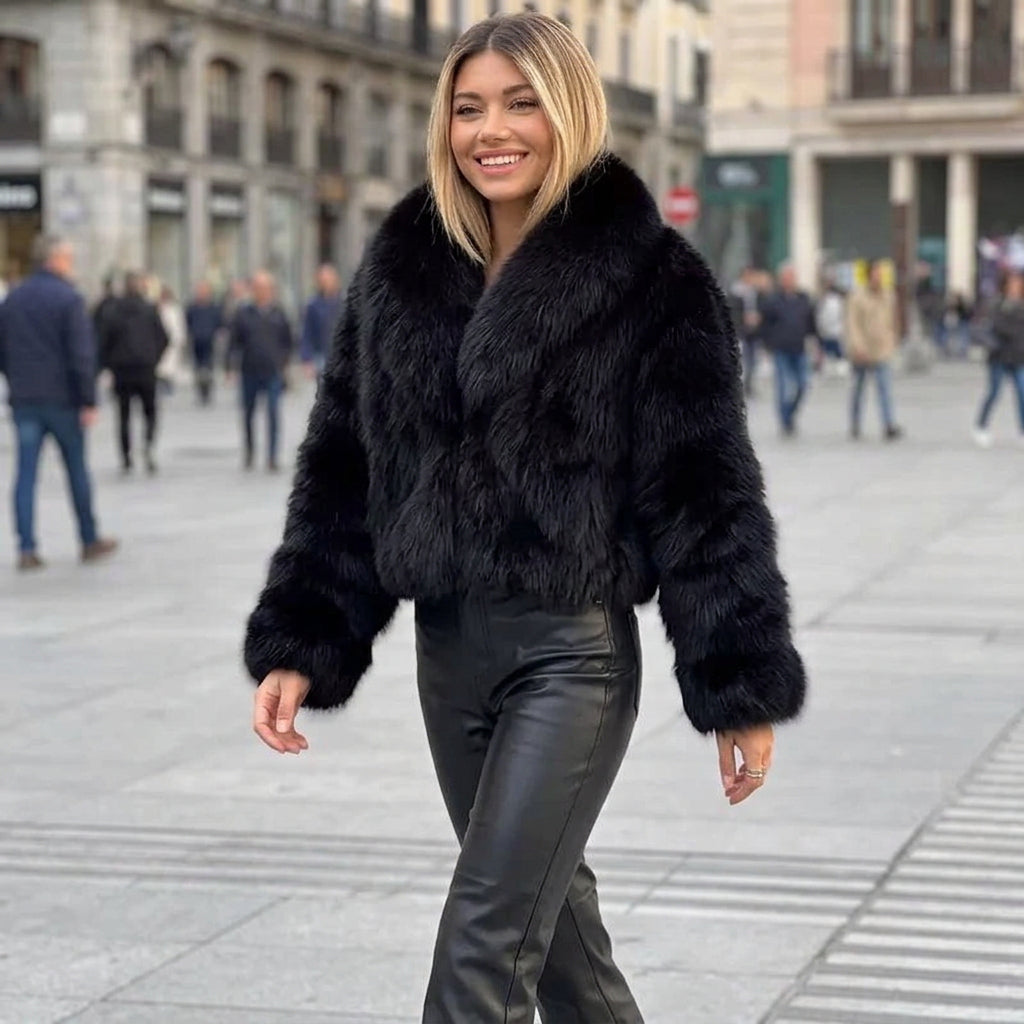 Black Faux Fur Coat for Women Autumn Winter Plush Coats and Jackets Streetwear Outerwears Long Sleeve Warm Womens Coats