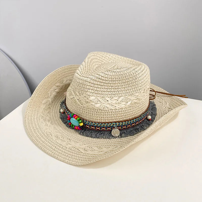 Ethnic Style Woven Western Cowboy Straw Hat, Large Brim for Sun Protection in Summer, Suitable for Daily Outings, Beach Vacations, and Grassland Travel