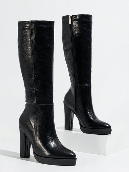 New Fashion Comfortable Women High Heel Side Zip Platform Ankle Boots, Elegant and Minimalist Design, Autumn/Winter , Match Black Skirt,Party