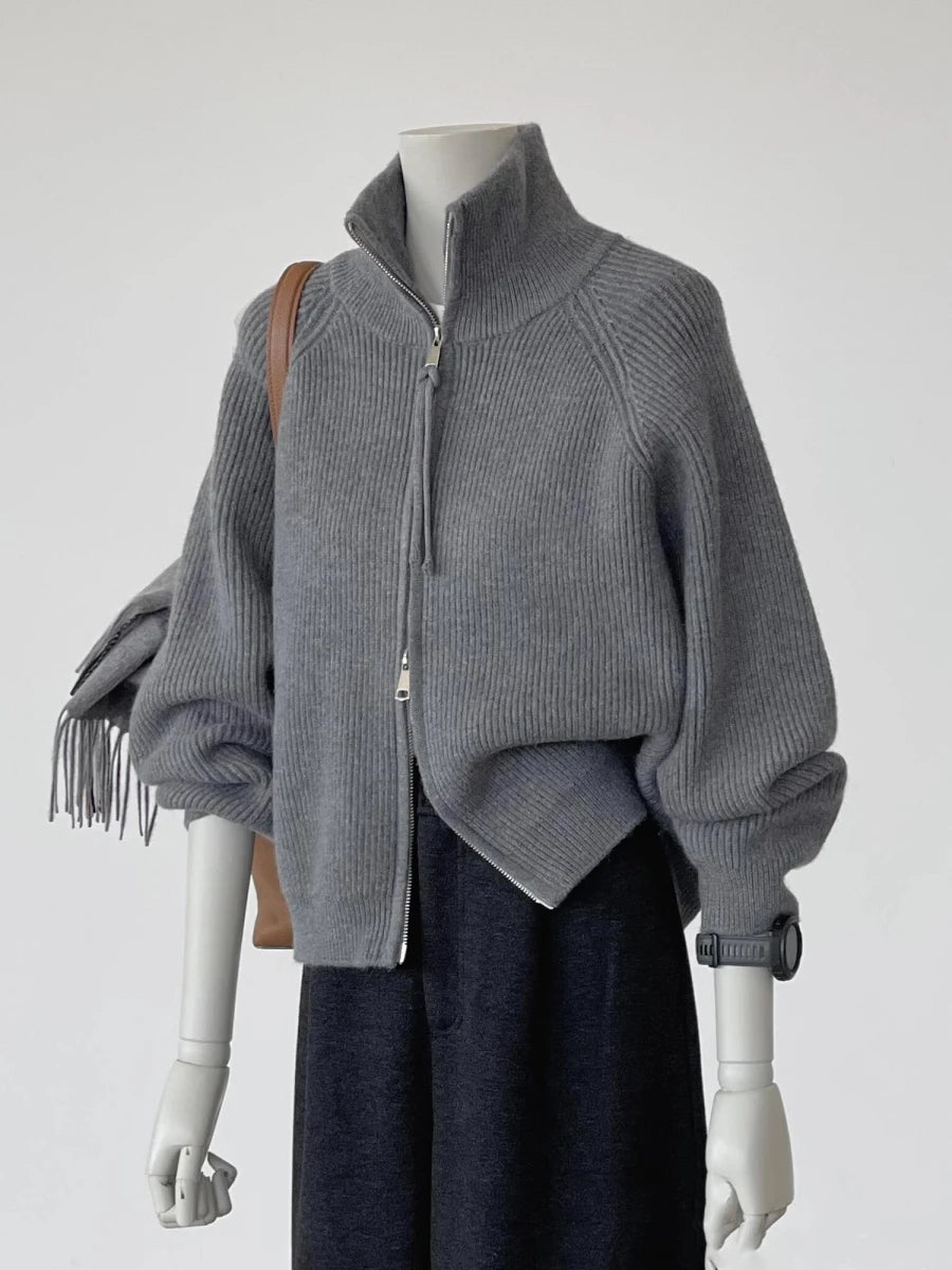 Double Zipper Gray Turtleneck Knitted Cardigan Women'S Autumn and Winter New Loose Lazy Wind Sweater Jacket Thickened Top
