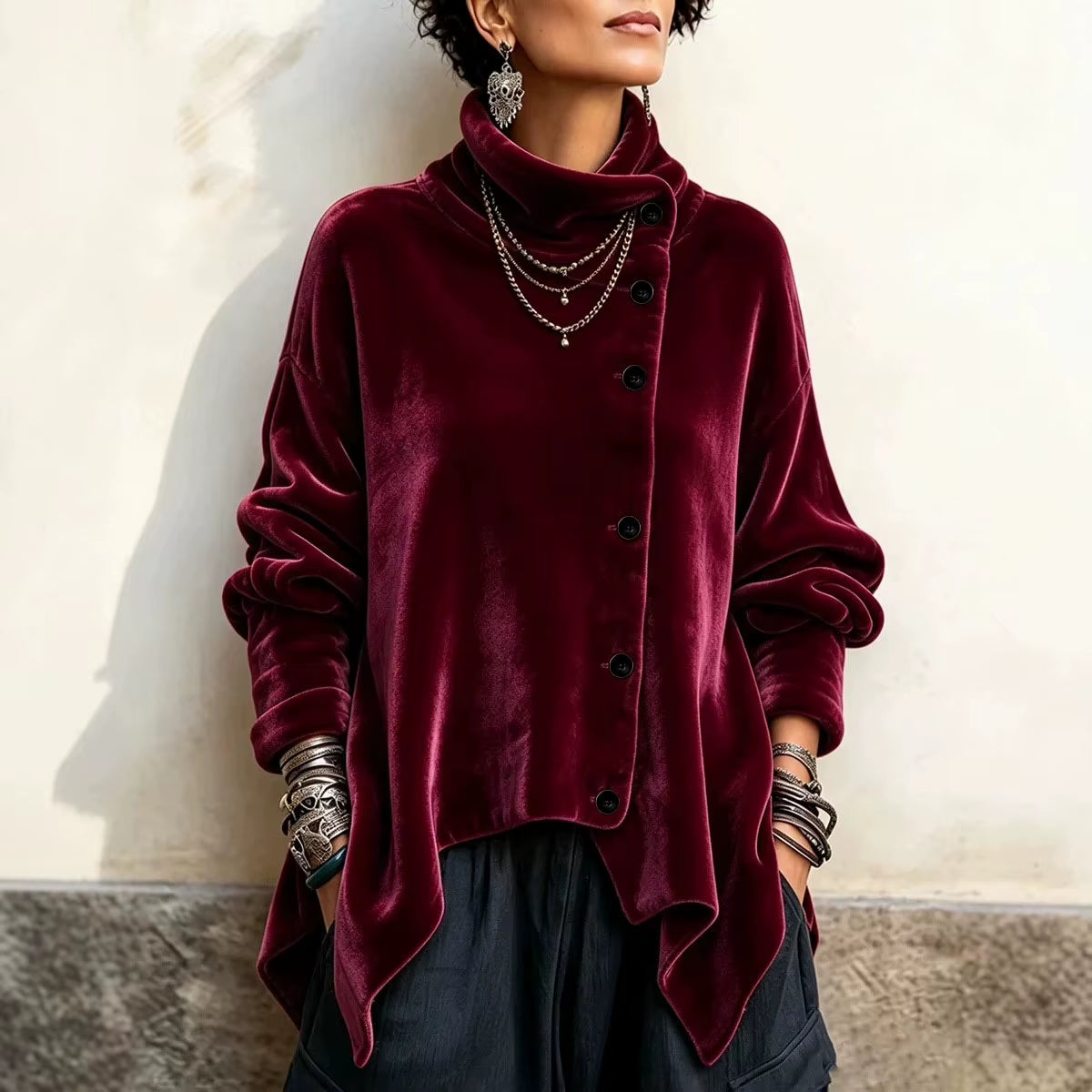 Women Velvet Irregular Hem Jackets High Neck Long Sleeve Button down Loose Coats Casual Fall Winter Vintage Streetwear Outerwear