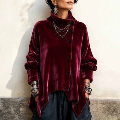 Women Velvet Irregular Hem Jackets High Neck Long Sleeve Button down Loose Coats Casual Fall Winter Vintage Streetwear Outerwear