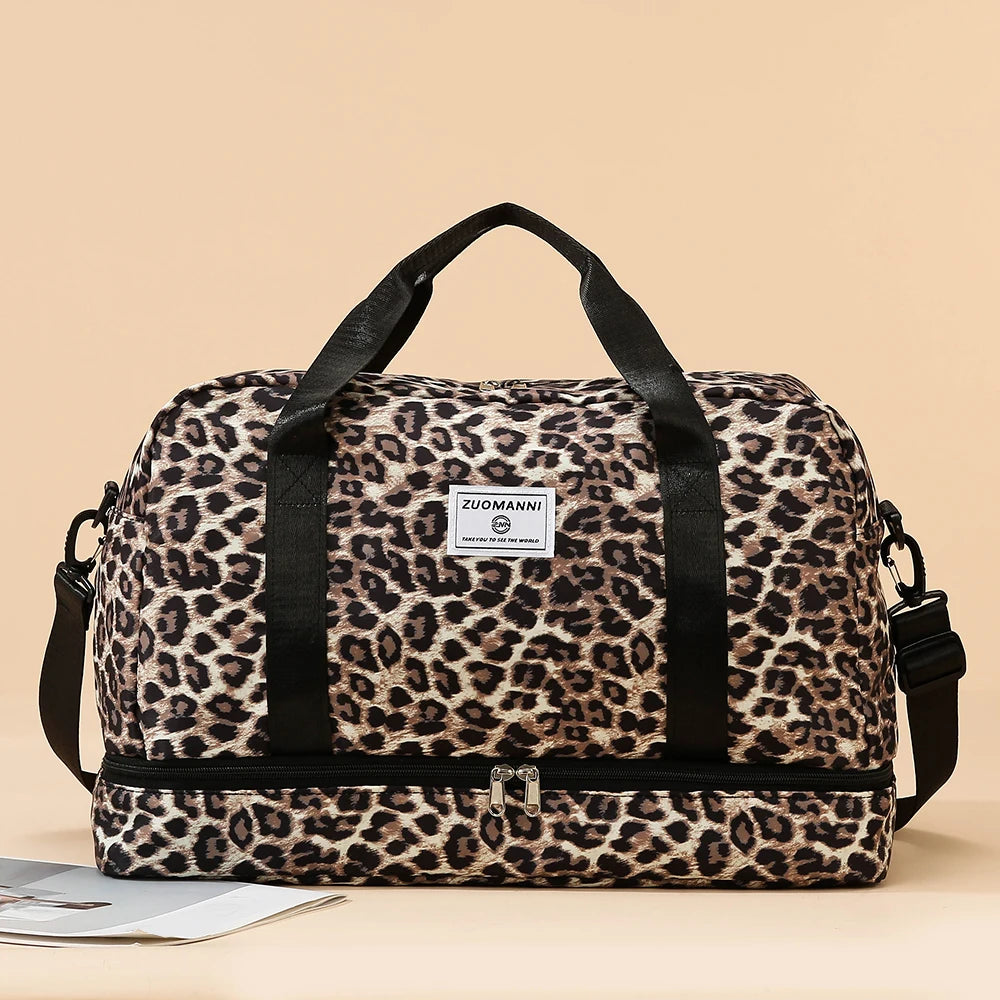 Leopard Printing Travel Bag Large Capacity Sports Gym Bag with Independent Shoe Compartment Weekend Overnight Duffel Bag