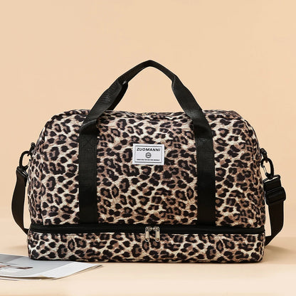 Leopard Printing Travel Bag Large Capacity Sports Gym Bag with Independent Shoe Compartment Weekend Overnight Duffel Bag
