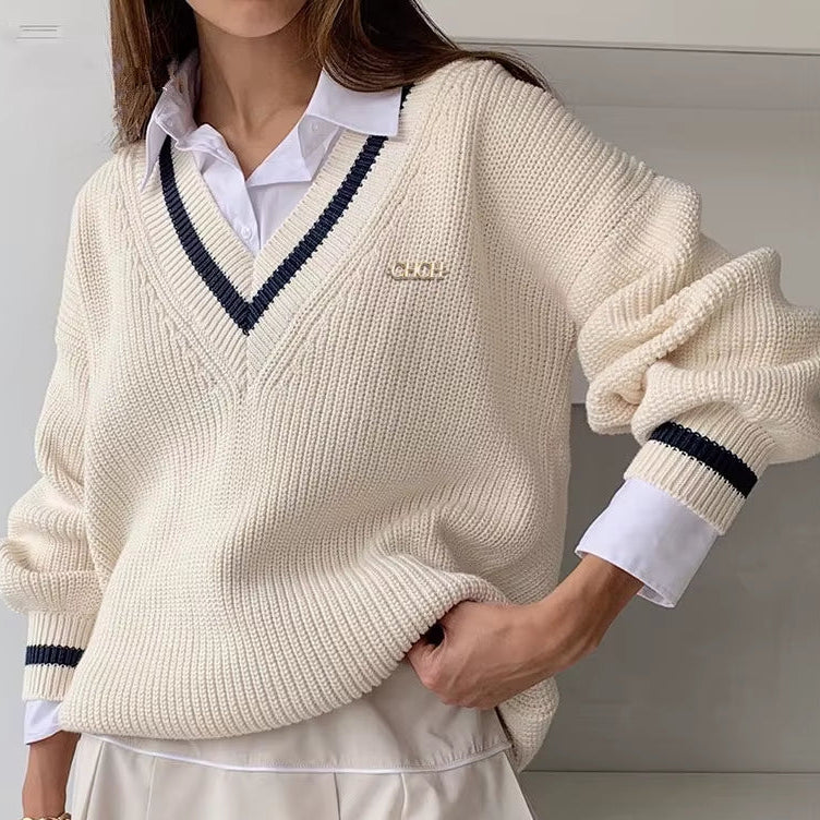 New Women'S Sweater Autumn Winter Knit Korean Streetwear Loose Pullover Sweatshirts Chic Tops Long Sleeve V-Neck Knitted Sweater