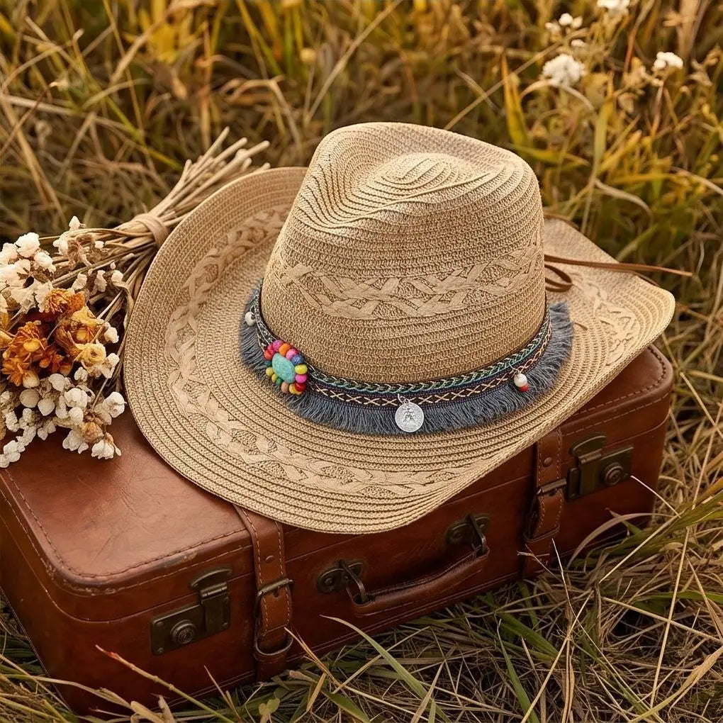 Ethnic Style Woven Western Cowboy Straw Hat, Large Brim for Sun Protection in Summer, Suitable for Daily Outings, Beach Vacations, and Grassland Travel