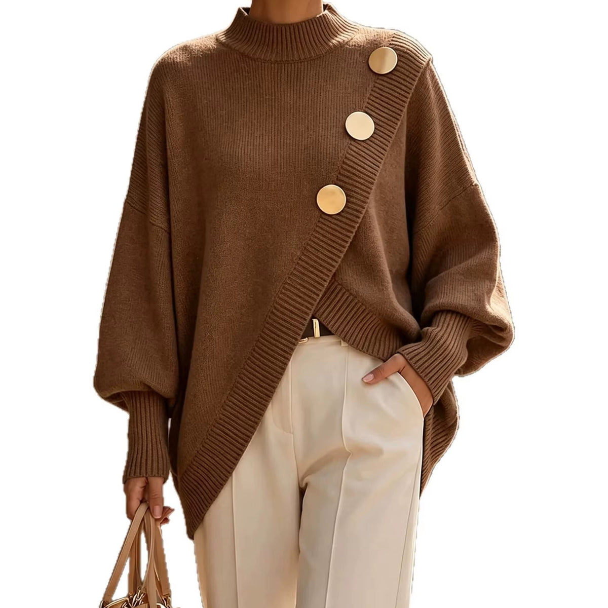 2026 Fashion Knit Sweater Asymmetrical Button Loose Pullover 2026 Autumn Winter New Casual Streetwear Women'S Top Jumper