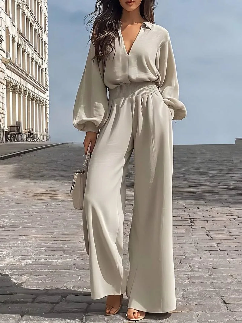 2026 Fashion Women Matching Set round Neck Puff Sleeve Blouse Top High Waist Wide Leg Pants Jumpsuit Trousers Set