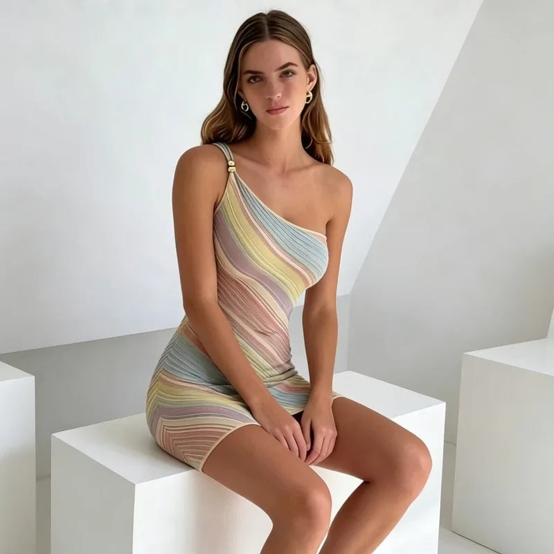 French Vacation Knit Maxi Dress Color Block Striped Bead Detail One Shoulder Side High Slit Fitted Waist Mermaid Party Dresses