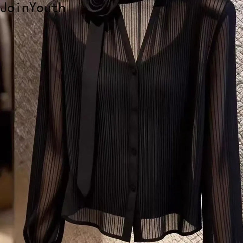 Black Blouses 2026 Blusas Mujer De Moda V-Neck Long Sleeve Temperament Lady Tops Chic 3D Floral See through Summer Loose Shirts