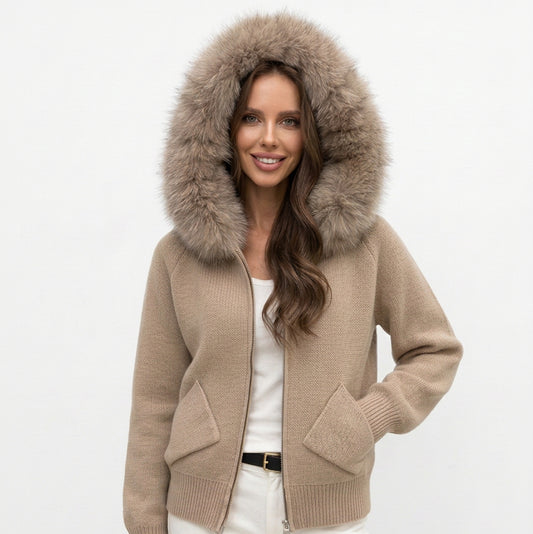 Casual Chic Faux Fur Trim Hooded Cardigan Sweater Women Zip up Knit Jacket Long Sleeve Pockets Warm Coat Fall Winter Outerwear