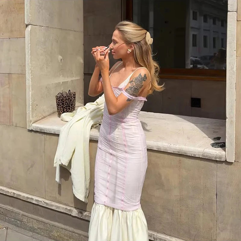 Women Nude Lace Trim Spaghetti Strap Lace Hem Midi Dress Elegant Deep V Sleeveless Bodycon Skirt 2026 Street Daily Dating Outfit