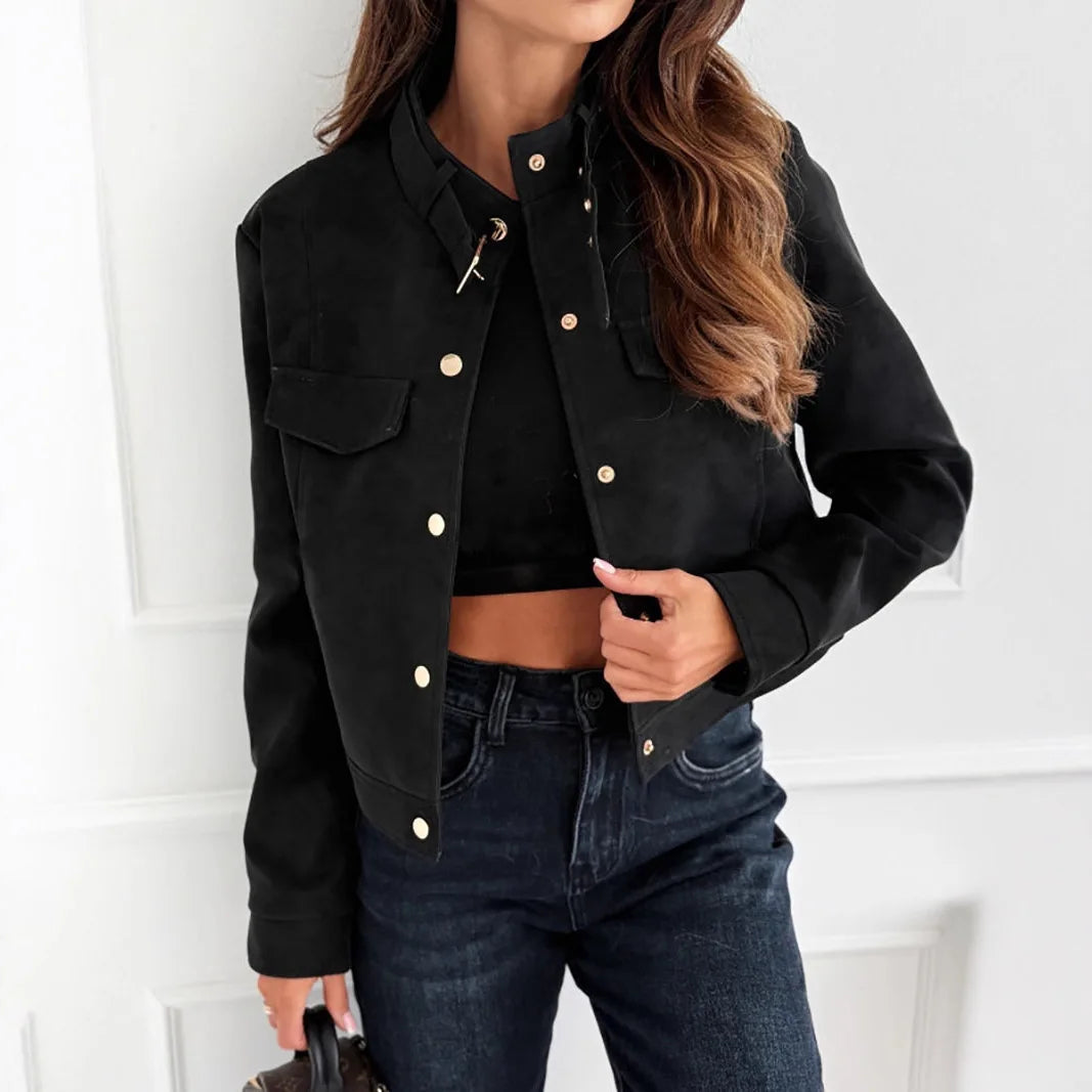 Solid Color Suede Short Jacket Women Stand Collar Metal Snap Design Autumn Wintercasual Y2K Long Sleeve Outerwear Top