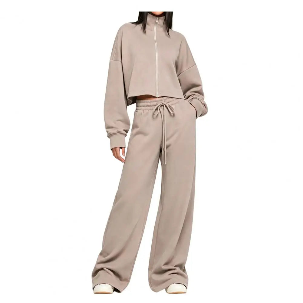 Drawstring Pants Women’S Fall Jacket Pants Set Stand Collar Zip-Up Outerwear Drawstring Wide Leg Two-Piece Suit for Ladies Two