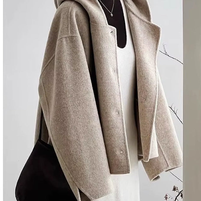 2026 New Style Khaki Color Hooded Woolen Jacket Women Autumn Winter Style Short Length Double-Sided Woolen Coat New Style