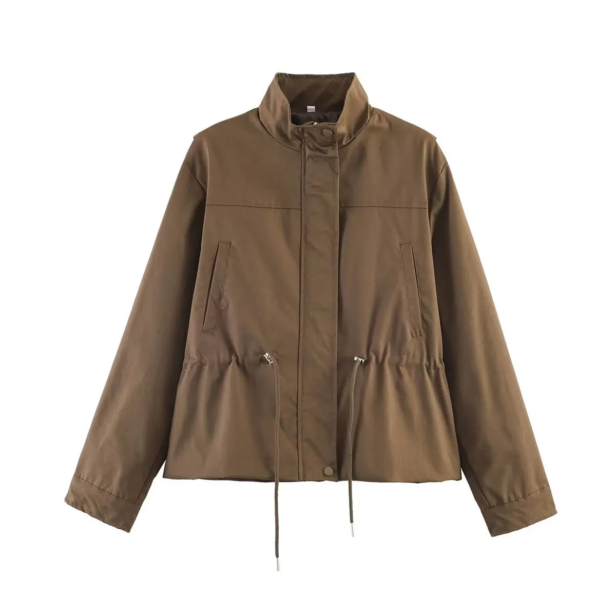 Women'S Jackets Autumn New Fashion Stand Neck Long Sleeve Drawstring Waist Coats Causal Female Simple Outerwear Chic Top