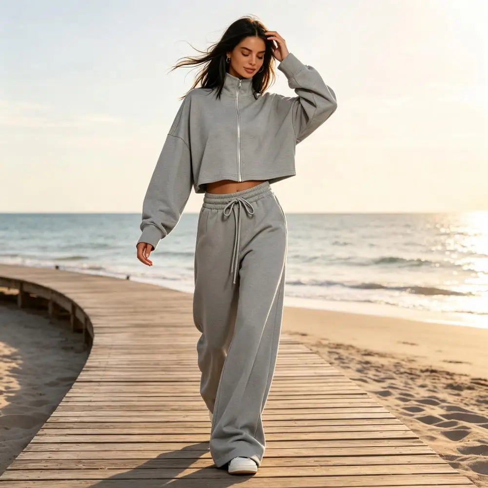 Drawstring Pants Women’S Fall Jacket Pants Set Stand Collar Zip-Up Outerwear Drawstring Wide Leg Two-Piece Suit for Ladies Two