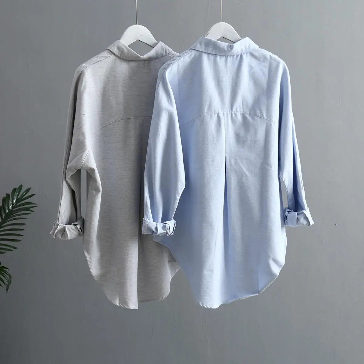 Low High Design Elegant Spring Summer Long Sleeve Shirts Women 2022 Korean Style Casual Double Pockets Design Blue Grey Blouses