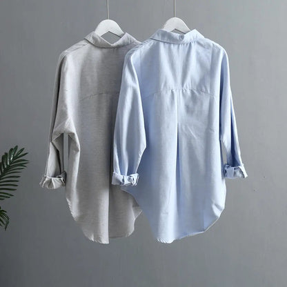 Low High Design Elegant Spring Summer Long Sleeve Shirts Women 2022 Korean Style Casual Double Pockets Design Blue Grey Blouses