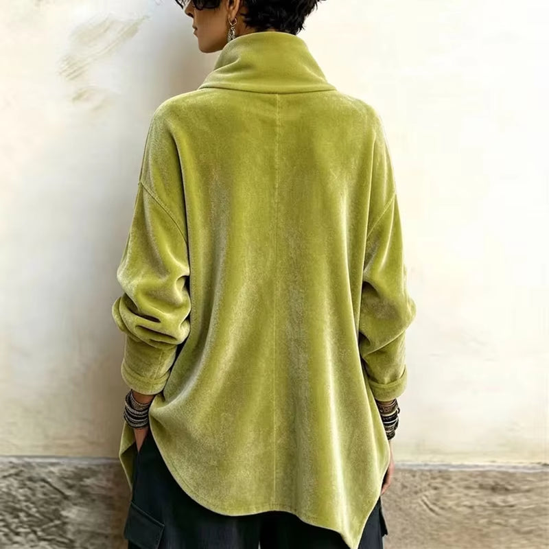 Women Velvet Irregular Hem Jackets High Neck Long Sleeve Button down Loose Coats Casual Fall Winter Vintage Streetwear Outerwear
