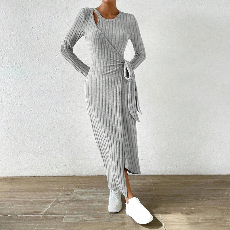 2026Spring and Summer Women'S Popular Knitted Gray Dress with an Asymmetrical Long Skirt
