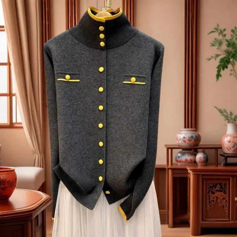 Autumn Ladies High Neck Patchwork Knitwear Femme Fashion Large Size 5XL Loose Knitting Women Single-Breasted Knitted Sweater Top