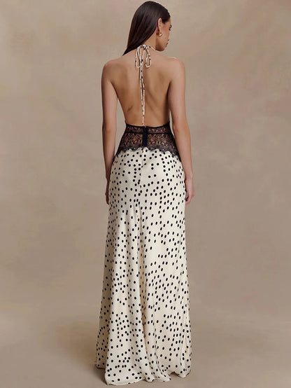 Polka Dot Backless Sexy Maxi Dress Women Gown Elegant Patchwork Lace Halter Deep V Neck Sleeveless Bodycon Club Dress