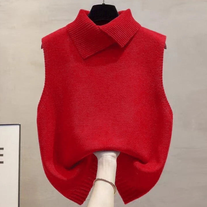 Autumn Winter Korean Solid Color Lapel Sleeveless Versatile Casual Knitted Vest for Women