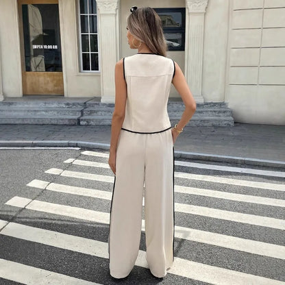 Women'S Contrast Sleeveless Button Vest & Drawstring Wide Leg Pants 2-Piece Set Summer Elegant Casual Streetwear Loose Suit