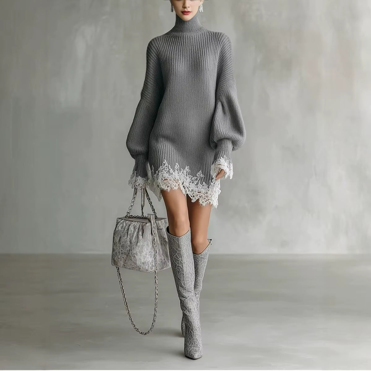 Elegant Lace Splice Loose Party Dress Fashion Turtleneck Hight Waist Knit Dress Fall Winter Casual Long Sleeve Solid Mini Dress