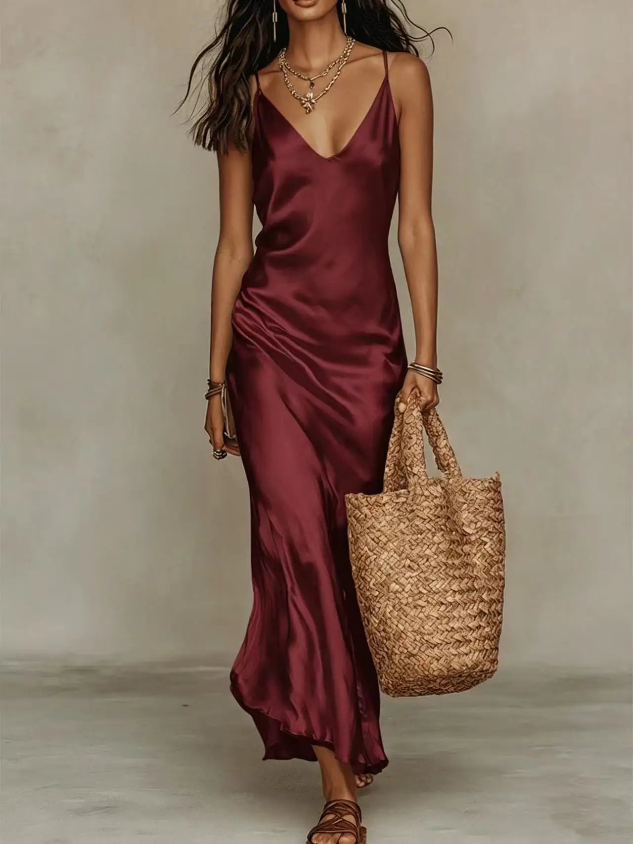 Elegant Solid Satin Dress 2 Piece Set Women Loose V-Neck Knit Long Sleeve Top Strapless Long Dress Suit 2026 Fashion Lady Outfit
