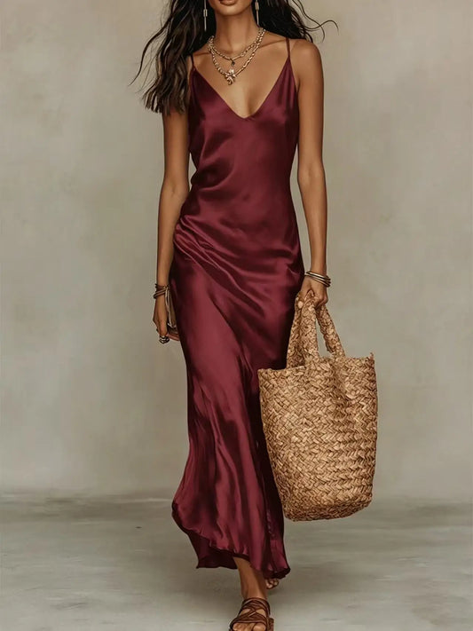 Elegant Solid Satin Dress 2 Piece Set Women Loose V-Neck Knit Long Sleeve Top Strapless Long Dress Suit 2026 Fashion Lady Outfit