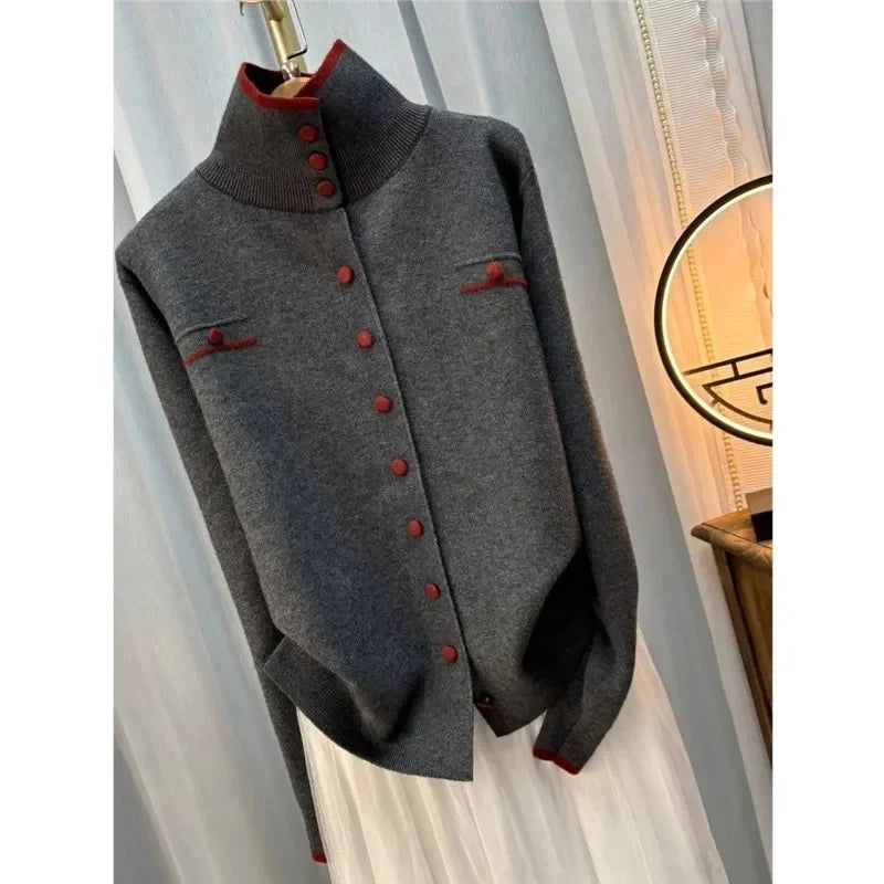 Autumn Ladies High Neck Patchwork Knitwear Femme Fashion Large Size 5XL Loose Knitting Women Single-Breasted Knitted Sweater Top