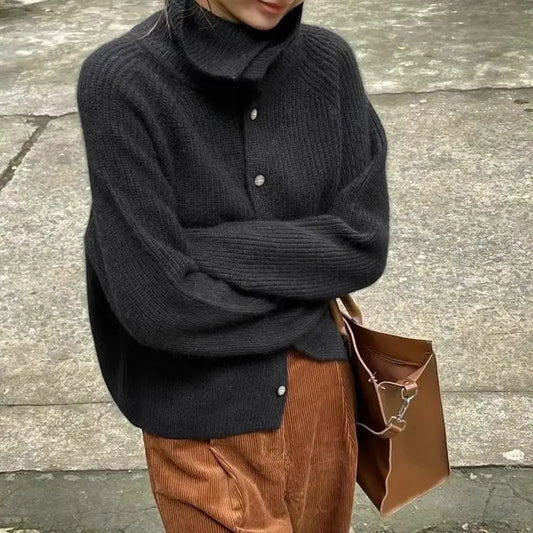 Solid Color Single-Breasted Fashion Knitted Cardigan for Women'S Spring and Autumn New High-Neck Long-Sleeved Versatile Sweater