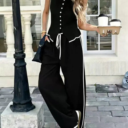 Women'S Contrast Sleeveless Button Vest & Drawstring Wide Leg Pants 2-Piece Set Summer Elegant Casual Streetwear Loose Suit