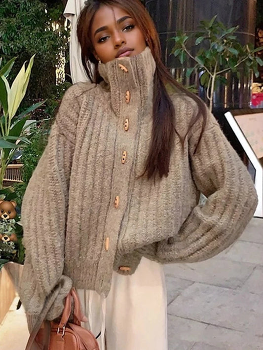 Elegant Loose Turtleneck Women'S Sweater 2025 Korean Style Vintage Cardigan Knitted Jackets Winter Casual Thickened Knitwear Top