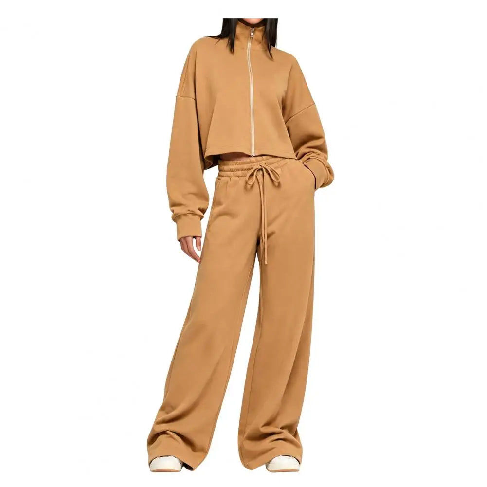 Drawstring Pants Women’S Fall Jacket Pants Set Stand Collar Zip-Up Outerwear Drawstring Wide Leg Two-Piece Suit for Ladies Two