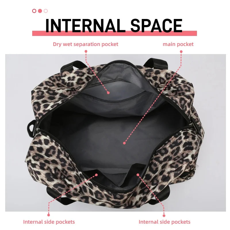 Leopard Printing Travel Bag Large Capacity Sports Gym Bag with Independent Shoe Compartment Weekend Overnight Duffel Bag