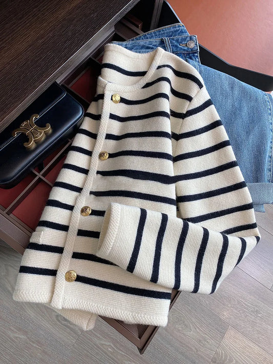 Women Stripe Knitted Cardigans Spring Autumn O-Neck Single Breasted Long Sleeve Crop Tops Fashion Casual Chic Female Sweaters