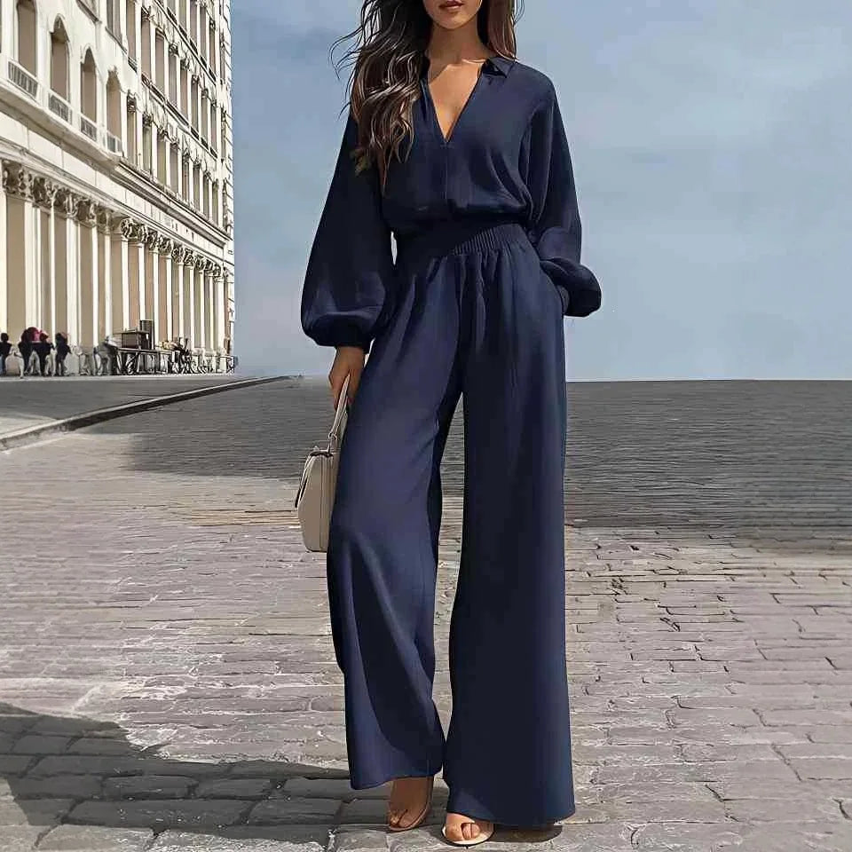 2026 Fashion Women Matching Set round Neck Puff Sleeve Blouse Top High Waist Wide Leg Pants Jumpsuit Trousers Set