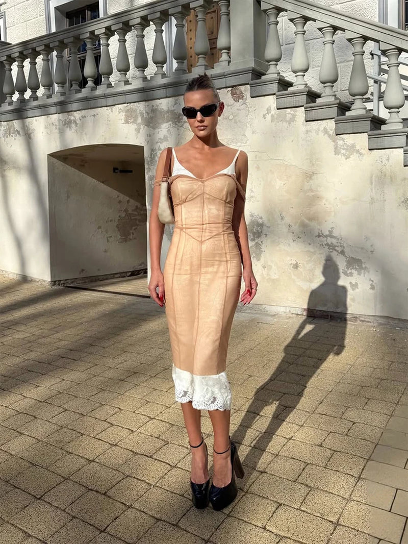 Women Nude Lace Trim Spaghetti Strap Lace Hem Midi Dress Elegant Deep V Sleeveless Bodycon Skirt 2026 Street Daily Dating Outfit