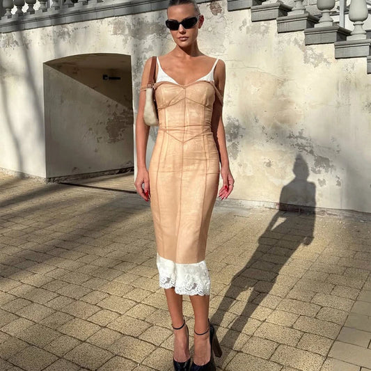 Women Nude Lace Trim Spaghetti Strap Lace Hem Midi Dress Elegant Deep V Sleeveless Bodycon Skirt 2026 Street Daily Dating Outfit