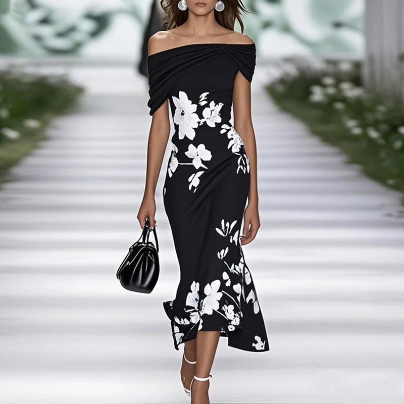 Elegant Floral Print Slim Boho Dress Woman Sexy Slash Neck Knot Hollow Party Dresses Spring Summer off Shoulder Long Dress Mujer
