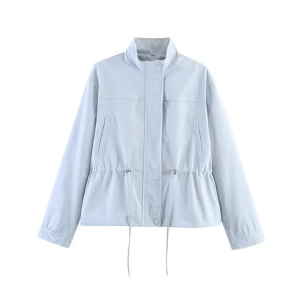 Women'S Jackets Autumn New Fashion Stand Neck Long Sleeve Drawstring Waist Coats Causal Female Simple Outerwear Chic Top