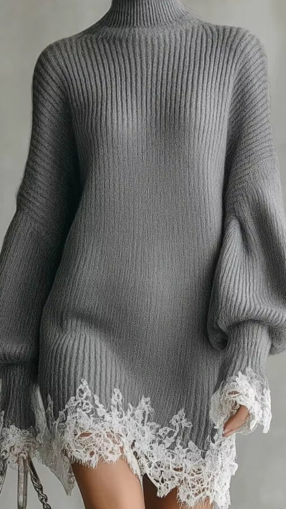 Elegant Lace Splice Loose Party Dress Fashion Turtleneck Hight Waist Knit Dress Fall Winter Casual Long Sleeve Solid Mini Dress