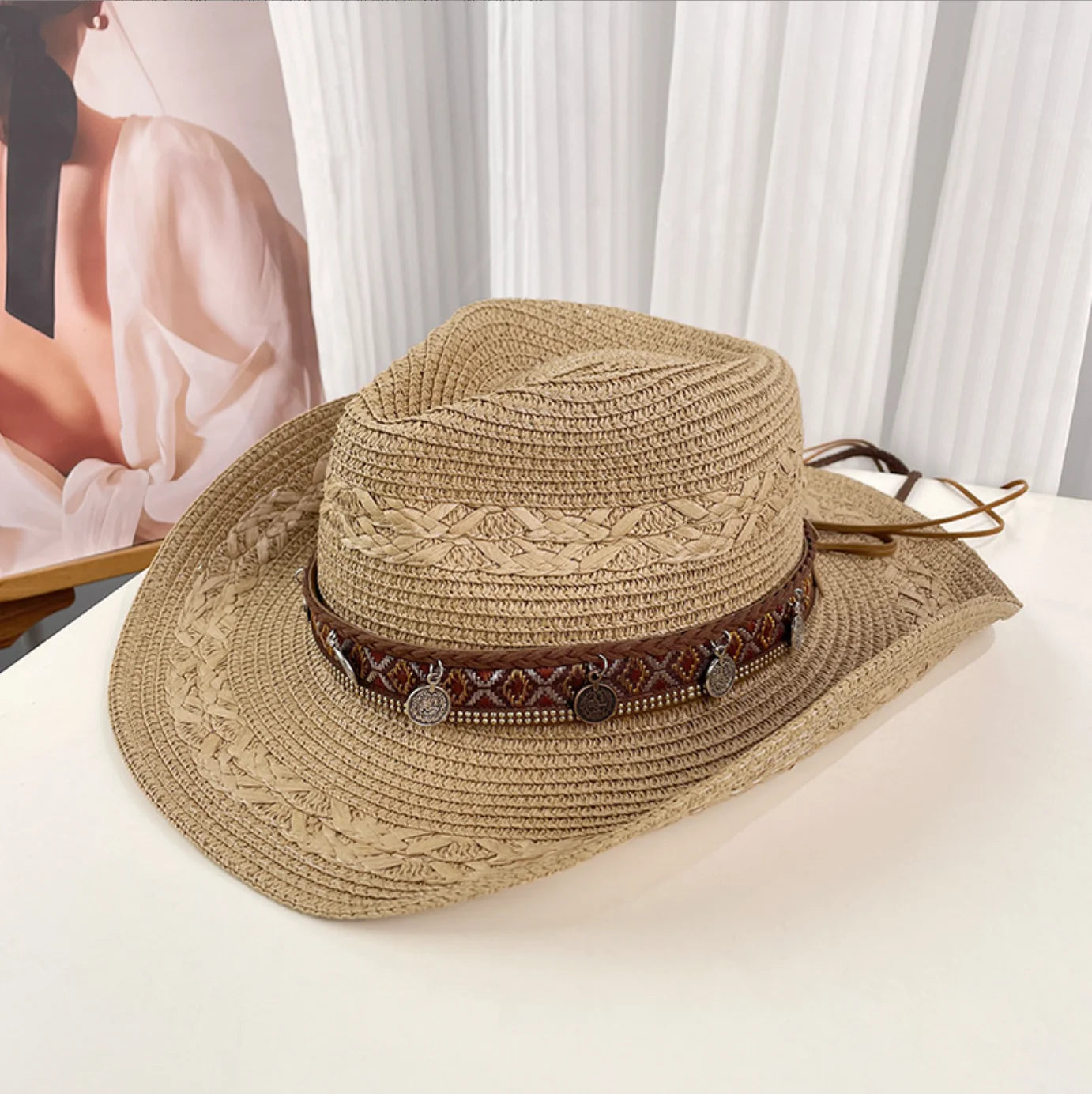 Ethnic Style Woven Western Cowboy Straw Hat, Large Brim for Sun Protection in Summer, Suitable for Daily Outings, Beach Vacations, and Grassland Travel