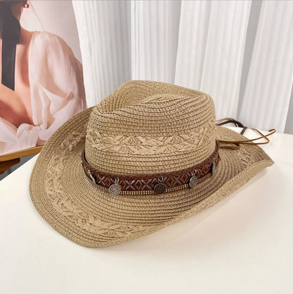 Ethnic Style Woven Western Cowboy Straw Hat, Large Brim for Sun Protection in Summer, Suitable for Daily Outings, Beach Vacations, and Grassland Travel