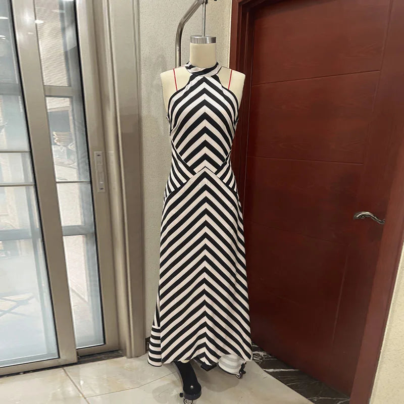 Backless Stripe Summer Dress Women Sleeveless Halter Long Casual Dresses Lady New Fashion Vacation Party Evening Robe 2026