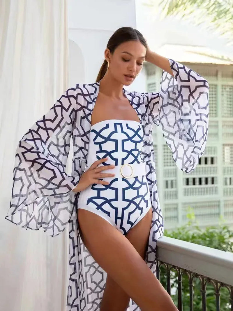 Printed One Piece Swimsuit for Women, European and American Style, Sexy Swimwear with Optional Cover-Up